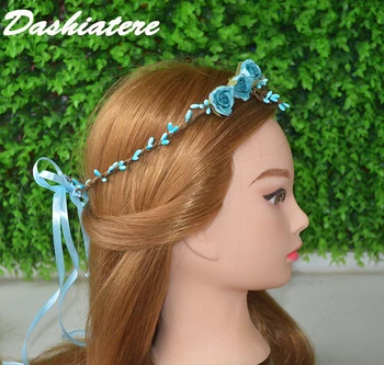 Remeselníci Ženy Ruže Kvet Koruny Hairband So Stuhou Rustikálny Ratan Morská Víla Hlavový Most Dievčatá Sivozelená Modrá Svadobné Dekorácie