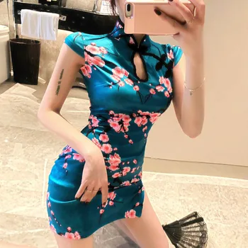Real shot 2019 letné módne dámske sexy vylepšenú-pestovanie retro tlač-krátke rukávy cheongsam šaty