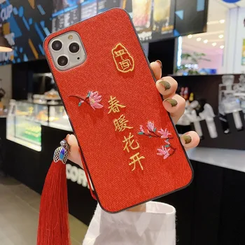 Čínsky štýl, vyšívané červená spring flower telefón puzdro Pre iPhone X XS XR xsmax 11 11promax 6 7 8plus SE 2020
