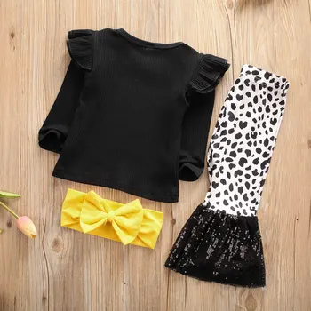 3ks Zimné Oblečenie set pre Dieťa Dieťa Dievča s Dlhým Rukávom čiernej Hore T-shirt Obličkového Nohavice Bell Spodnej Leopard nohavice Oblečenie Set