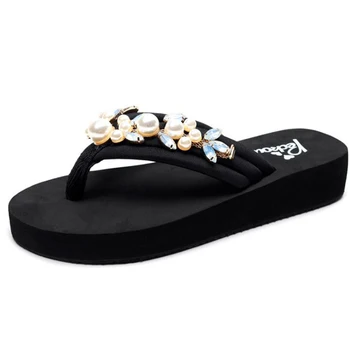 Letné ženy sandále lesklé diamantových kryštálov ručné perly sandál bohemia papuče kliny platformu flip flops ženy hy373