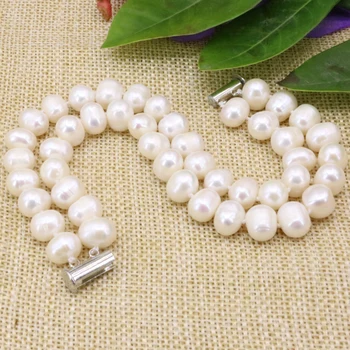 Kúzlo prírodných biela 8-9mm nearround pearl korálky strand 2 riadky náramky & náramok pre ženy kvalitné šperky 7.5 palcový B3178