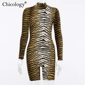 Chicology leopard dlhý rukáv tuntle krku playsuit ženy sexy romper streetwear combishort 2019 jeseň zima party club oblečenie