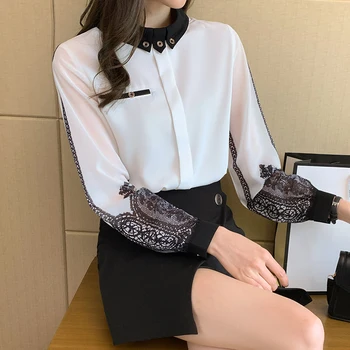 Vintage Vytlačené kórejčina, blúzky, Elegantné Ženy Dlhý rukáv Šifón tričko Ležérne oblečenie, šitie Ženy topy Blusa