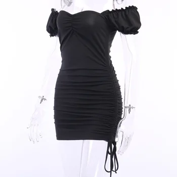 Black Goth Žena Mini Šaty 2020 Lady Šnúrkou Shir Skladaný Bez Ramienok Backless Lomka Krku Tmavé Lolita Punk Gotický Sexy Šaty