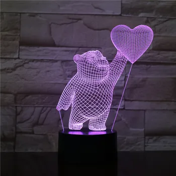 3D-2033 Medveď so Srdcom 7/16 Farby Chang 3D LED Nočné Svetlo Spánku Spálňa Decor Lampa Láska Valentines Darček