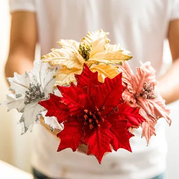 10pcs 14 cm/22 cm Vianoce kvet s kmeňových vysoko kvalitné Vianočné dekoratívne kvety umelé kvetiny zlato, striebro strom dekorácie