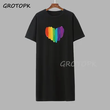 Rainbow Srdce Hrdosti Lgbt Homosexuálov a Lesbičiek T-shirt Šaty pre Ženy, kórejský Štýl Kawaii Streetwear Letné Šaty Zábavné Čierna Žena Šaty