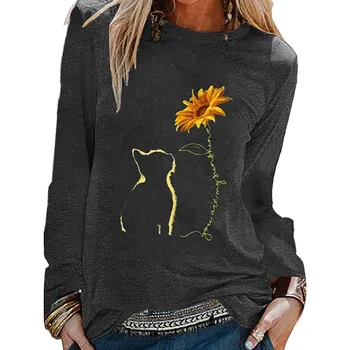 Slnečnica T Shirt Ženy Jeseň Topy Voľné Cat Vytlačené Príčinné Dlhý Rukáv T-shirt Košieľka Femme Topy Mujer