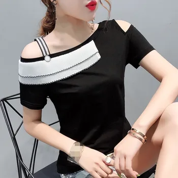 Kórejský Sexy Lomka Krku Patchwork Tričko 2019 Ženy, Krátky Rukáv Top Tričko Oblečenie, Streetwear Camiseta Mujer Black T96513