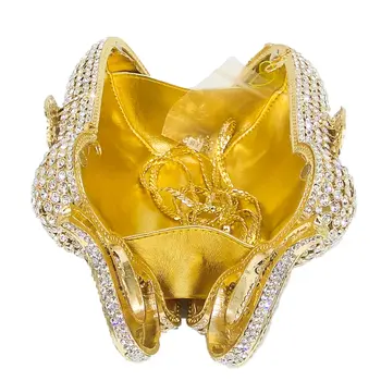 Dvojité Kvet Duté Z 3D Slon Tvar Ženy Gold Crystal Spojka Večerné Kabelky a Peňaženky Svadobné Party Diamond Taška