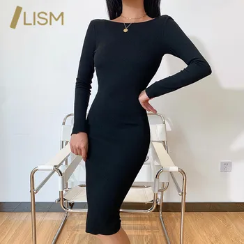 LISM Sexy Železa Reťazca Backless Mini Šaty Bodycon Chudá pre Ženy Klubu Strany Elegantné Módne Pletené Čierne Šaty Streetwear