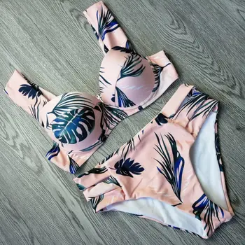 KEKAKA Sexy Tropická Palma Leaf Bikiny Žien Plavky 2018 Letné Ružové Vystrihnúť plavky Push Up Mimo Ramenný Plavky