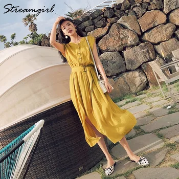 Streamgirl Maxi Šifón Šaty Pre Ženy Príležitostné Letné 2020 Žltá Office Čipky Uo Šaty S Butoons Voľné Dlhé Šaty Letné OL