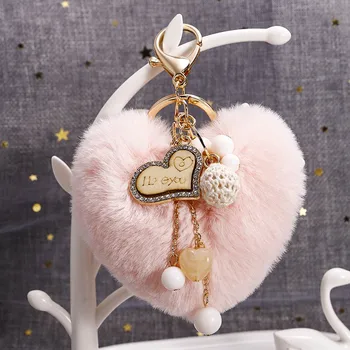 2020 Nové Srdce Pompom kľúčenky Roztomilý Falošné Králik Kožušiny taška Keychain Ženy, Dievčatá srdca lásky, Šperky, Prívesok Načechraný Keyring dary