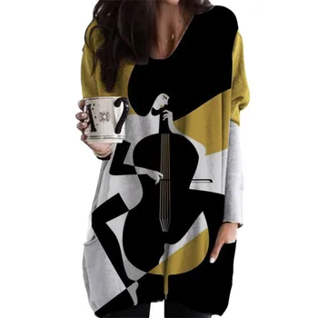 Elegantné Violončelo 3D Vytlačené T-shirt Ženy Módneho tvaru, Dlhý Rukáv vrecku Ležérny Top Voľné Strednej Dĺžky Tričko Black Tees Pre Ladie