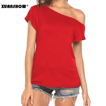 XUANSHOW 2020 Módne dámske tričko Bežné Mimo Ramenný Topy Krátky Rukáv T Košele Voľné Letné Topy Tee Tričko Ženy Oblečenie