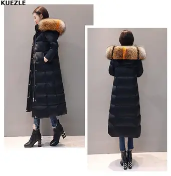Zimné dlhé prešívaná bunda ženy 2020 nové módne čierna Midi bundy veľké kožušiny golier s kapucňou prešívaný kabát elegantné Vrouwen 4XL