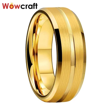 8 mm Gold Volfrámu Snubné prstene pre Mužov, Ženy, Vlnitá Kartáčovaný Povrch s Skosenie Hrany Comfort Fit