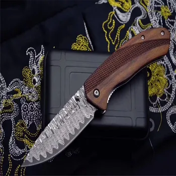 Nový Skladací nôž pre lov 58-59HRC Damasku vzor Ocele Drevené HandleCamping Nôž na Prežitie Vrecku Nástroje