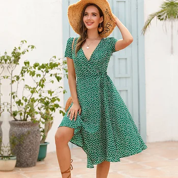 Nové Polka Dot Dress tvaru Šifón Krátky Rukáv Tlač Lete Žena Šaty, Sexy Vysoký Pás Split Šaty Retro Oblečenie pre Ženy