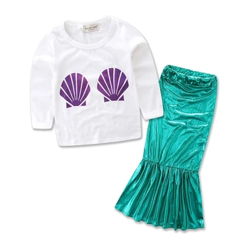 Malá Morská víla Oblečenie Sady pre Dievčatá Fialová Shell Dlhý Rukáv T Shirts & Ariel Zelená Sukne Batoľa Detský Party Šaty
