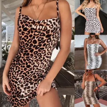 Ženy Sexy Špagety Popruh Elastický Package Hip Bodycon Leopard Šaty Večerné Party Krátke Mini Šaty Club Veľkosťou 6-14