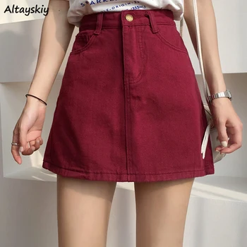 Sukne Ženy Vysoký Pás A-line Denim Mini Plus Veľkosť Vrecká Tlačidlo Denne kórejský Štýl, Trendy Pevných Jednoduché Slim Dámske Streetwear
