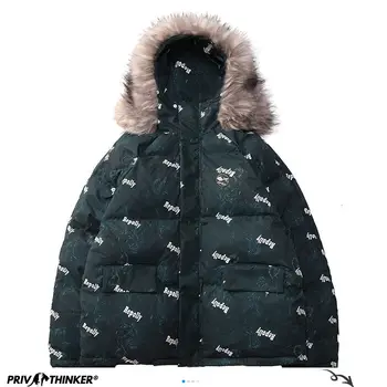 Privathinker kórejský Zime Teplé Zimné Bundy List Vytlačený Muž Zahustiť Nadrozmerné Parkas 2020 Streetwear Mužský Kabát s Kapucňou 5XL