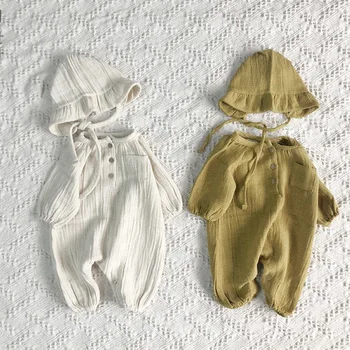 Kórejský detské Oblečenie 2020 Novorodenca Bavlna Dlhým Rukávom One-Piece Suit Jar Dieťa Roztomilé Klobúk Oblečenie Romper
