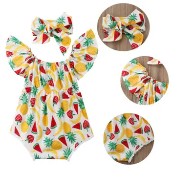 Novorodenca Dievča Oblečenie, Ovocie Tlač Jumpsuit Romper Kombinézu + Hlavový Most Oblečenie