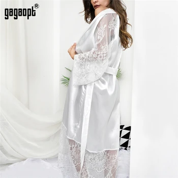 Gagaopt 2019 Jar 3 Farby Čipky Nightgowns Ženy Dlhý Rukáv Fashion Sexy Nightgowns S Pásom Sleepwear
