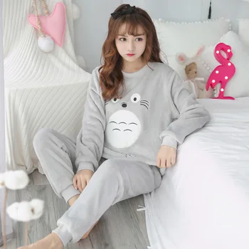 Zimné Flanelové teplé pyžamo kórejský roztomilý kreslený Pajama Nastaviť Módne pijama mujer Voľný čas Doma Handričkou ružová pyžamá ženy Sleepwear