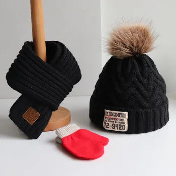 Tri-kus jeseň/zima detský sveter čiapka pre chlapcov a dievčatá šál rukavice pre deti s hrúbkou teplé pletené jumper