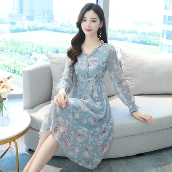 Plus Veľkosť Vintage Kvetinový Šifón Boho Pláži Midi Šaty 2021 Jeseň Zima Kórejský Bežné Šaty Elegantné Ženy Strany Sladké Vestidos