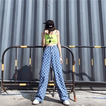 Jeseň džínsy Kockované nohavice koberčeky osobnosti hip hop nové ženské širokú nohu, nohavice módne Harajuku BF Vintage stožiare, Punk fun nohavice