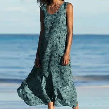 2020 Lete Bežné Kvetinový Tlač Bez Rukávov Plážové Šaty Elegantné Ženy O Krk A-Line Šaty Nové Módne Dlhé Voľné Šaty Vestidos