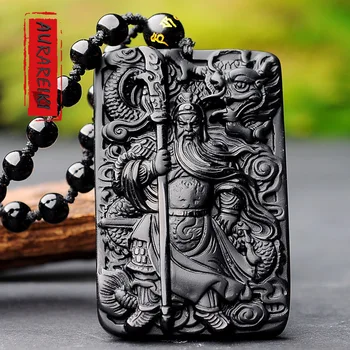 AURAREIKI Obsidian Vyrezávané Prívesok Náhrdelník Guan Yu Vernosť KRÁĽ KUNG FU Šesť-slovo Napomenutie Amulet Šperky Malá Unisex