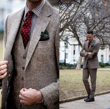 Vintage Zimné Tweed Vyhovuje Hnedé Tweed Muži Obleky S Patch Dizajn 3 Kusy Kostým Homme Smart Business Formálne Svadobné Obleky