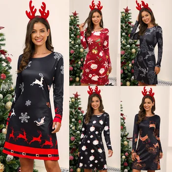 Zimné Cartoon Jeleň Tlač 2020 Vianočné Šaty Žien Oblečenie Darček Plus Veľkosť Dlhý Rukáv dámske Šaty Žena Vestidos