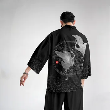 Japonský Štýl Oblečenie Set sa Samurai Ochranu pred Slnkom Cardigan Vytlačené Tri štvrtiny Rukávy Voľné Plus Veľkosť Módne Kimono Mužov