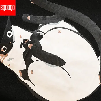 Kreslených Mačka Tlače Jeseň Preppy Japonský Hoodies Black Hip Hop Móda Pulóver Streetwear Harajuku Bežné Mikiny S Kapucňou