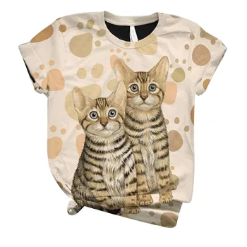 Plus Veľkosť Ženy Krátky Rukáv 3D Kitty Cat Tlačené O-Krku Topy Tričko T-Shirt