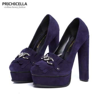 PRICHICELLA Kvalitné originálne kožené fialová semiš platformu čerpadlá ženy 14 cm vysokým podpätkom šaty shoesize35-42