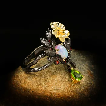 Kúzlo Ženy Zelený Zirkón Kamenný Kruh Luxusné 14KT Čierne Zlato Snubné Prstene Pre Ženy Vintage Oválne Opal Kvet Zásnubný Prsteň