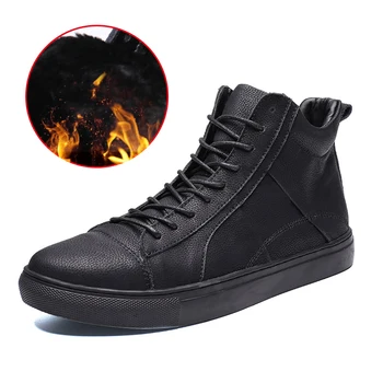 Pánske kožené členkové topánky bavlna topánky veľkosť módne čierne zimné plus velvet pohode študent snehu chladné topánky