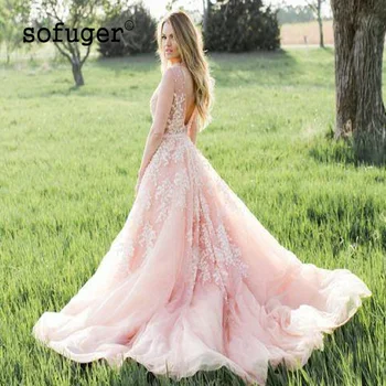 Blush Pink Princess Tylu Appliques Svadobné Svadobné Šaty, Sexy Perly Ilúzie V Krku Backless Vestidos de Noivas Súd Vlak