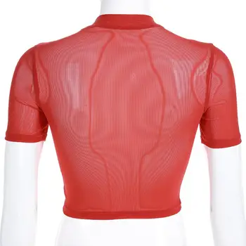 Módne Leto Sexy Oka Transparentné T Shirt 2019 Hot Ženy Výšivky Krátky Rukáv Plodín Top Tees Červená Camiseta