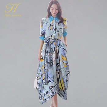 H Han Kráľovná Elegantné Tlač Nepravidelný Tričko Šaty Žien 2019 Letných Lúk Obväz Čipky Šaty Streetwear Módy Swing Vestidos