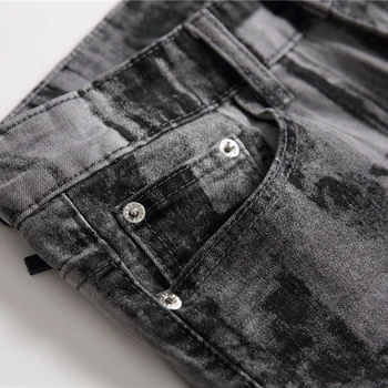 Muži móda sivý vzor vytlačené džínsy Slim traight denim stretch nohavice
